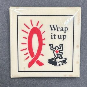 Vintage Keith Haring Fig PopArt Wrap It Up Pin, Button, Brooch - Aids Awareness